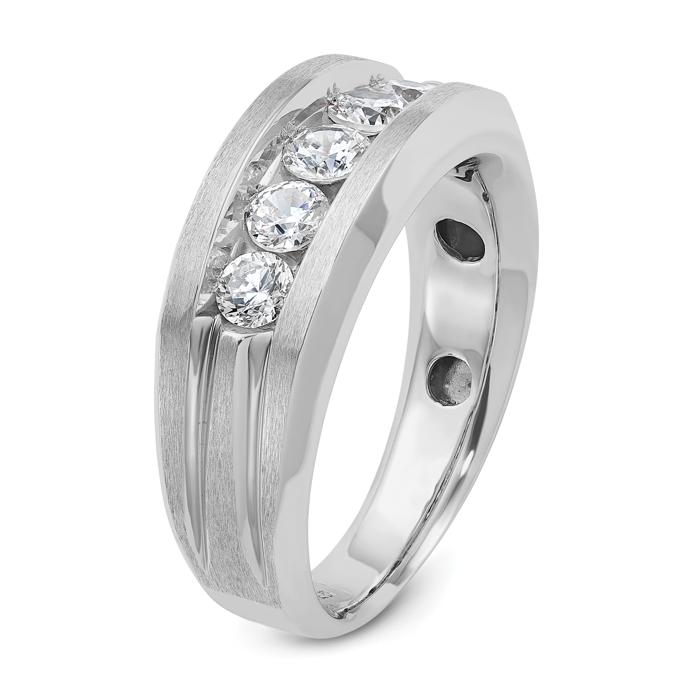 10k White Gold Men's Polished Satin and Grooved 5-Stone 1 Carat A Quality Diamond Ring