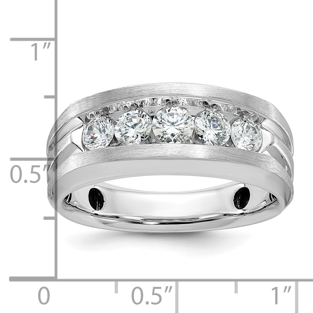 14k White Gold Men's Polished Satin and Grooved 5-Stone 1 Carat AA Quality Diamond Ring - Sophia Jewelers