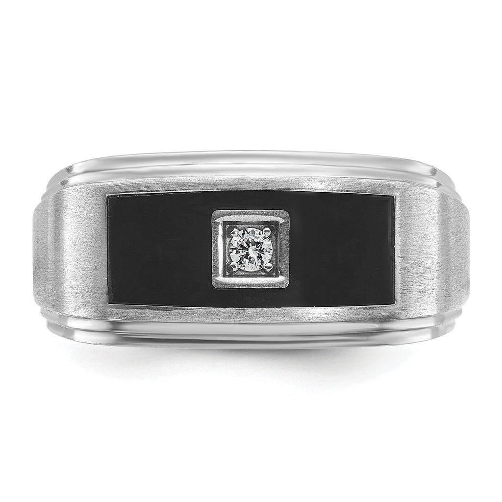 14k White Gold with Black Enamel Men's Polished Satin and Grooved 1/20 Carat AA Quality Diamond Ring - Sophia Jewelers