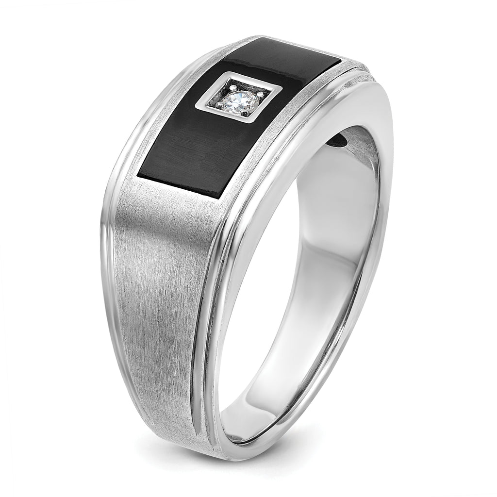 14k White Gold with Black Enamel Men's Polished Satin and Grooved 1/20 Carat AA Quality Diamond Ring - Sophia Jewelers