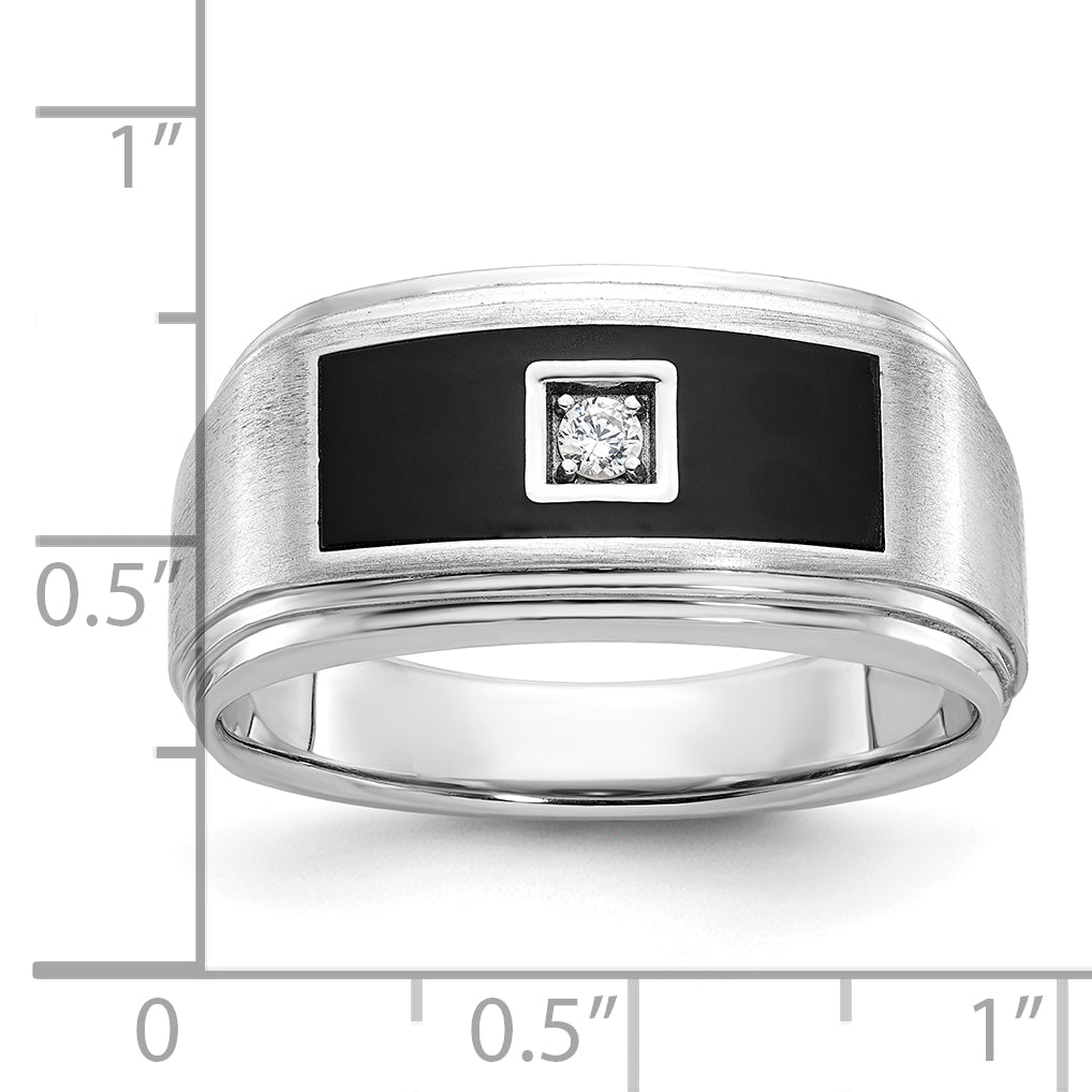 14k White Gold with Black Enamel Men's Polished Satin and Grooved 1/20 Carat AA Quality Diamond Ring - Sophia Jewelers