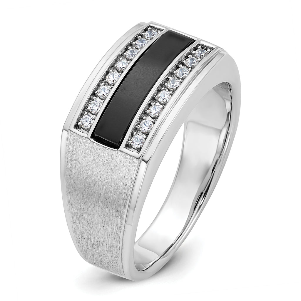 14k White Gold Men's Polished and Satin Onyx and 1/6 Carat AA Quality Diamond Ring - Sophia Jewelers