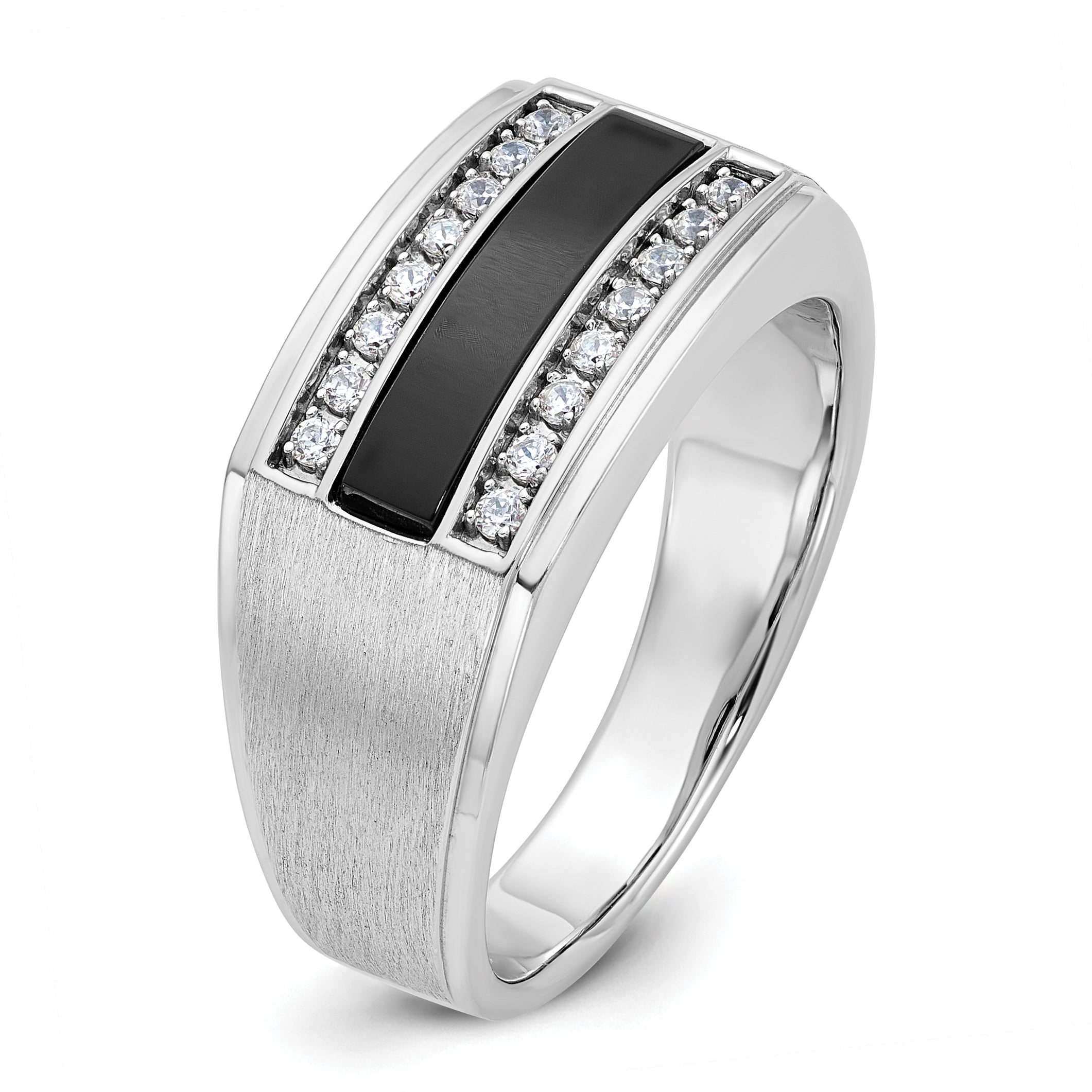 14k White Gold Men's Polished and Satin Onyx and 1/6 Carat AA Quality Diamond Ring - Sophia Jewelers