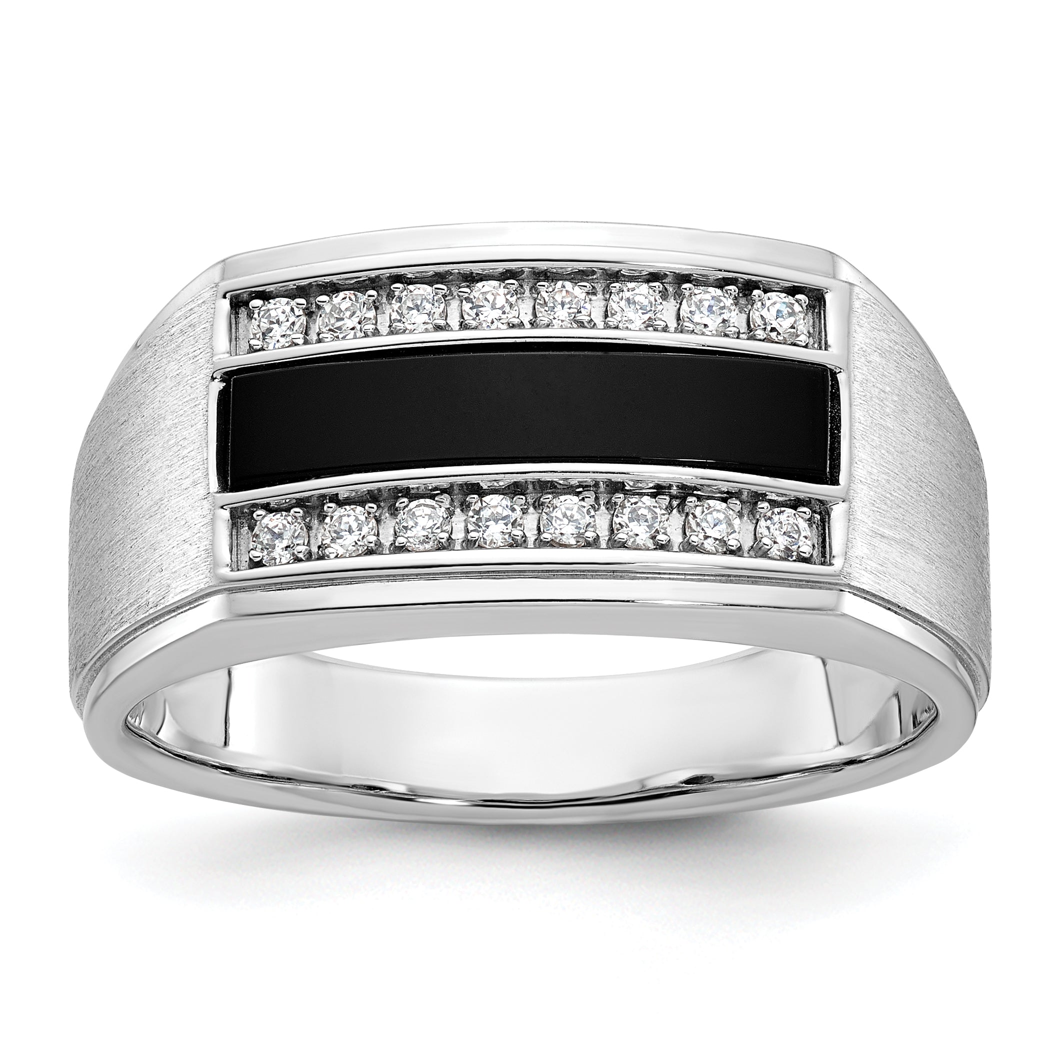 14k White Gold Men's Polished and Satin Onyx and 1/6 Carat AA Quality Diamond Ring - Sophia Jewelers Main image