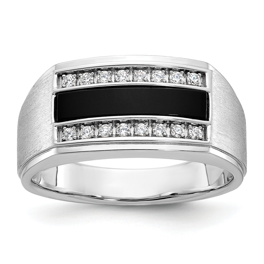 14k White Gold Men's Polished and Satin Onyx and 1/6 Carat AA Quality Diamond Ring - Sophia Jewelers
