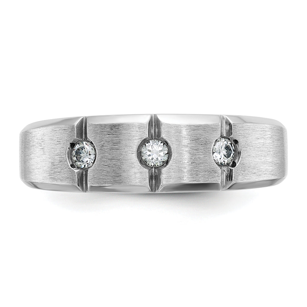 14k White Gold Men's Polished Satin and Grooved 3-Stone Ring Mounting, Mounting Only - Sophia Jewelers