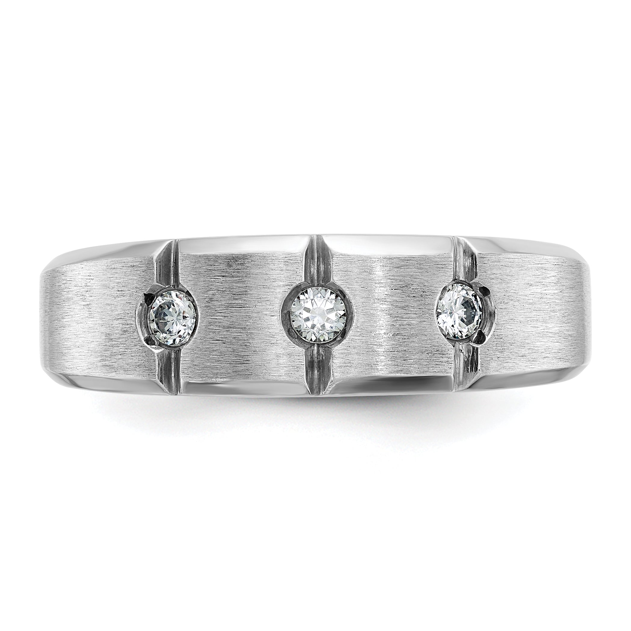 14k White Gold Men's Polished Satin and Grooved 3-Stone Ring Mounting, Mounting Only - Sophia Jewelers