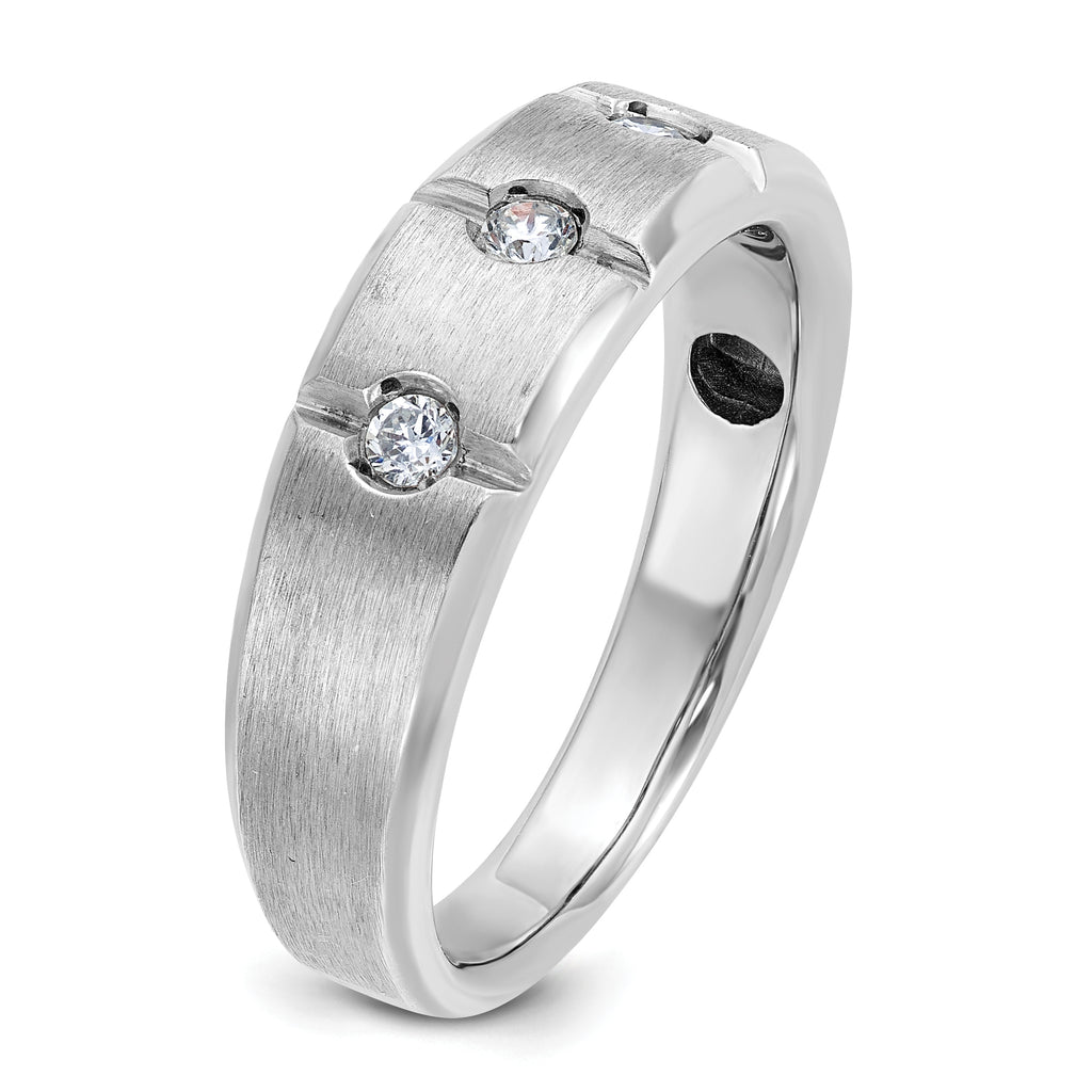 14k White Gold Men's Polished Satin and Grooved 3-Stone Ring Mounting, Mounting Only - Sophia Jewelers