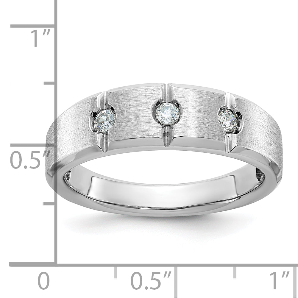 14k White Gold Men's Polished Satin and Grooved 3-Stone 1/5 Carat AA Quality Diamond Ring Secondary image