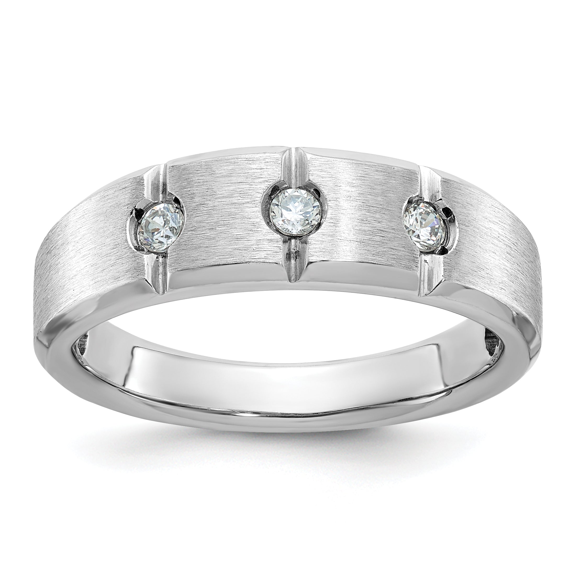 14k White Gold Men's Polished Satin and Grooved 3-Stone Ring Mounting, Mounting Only - Sophia Jewelers