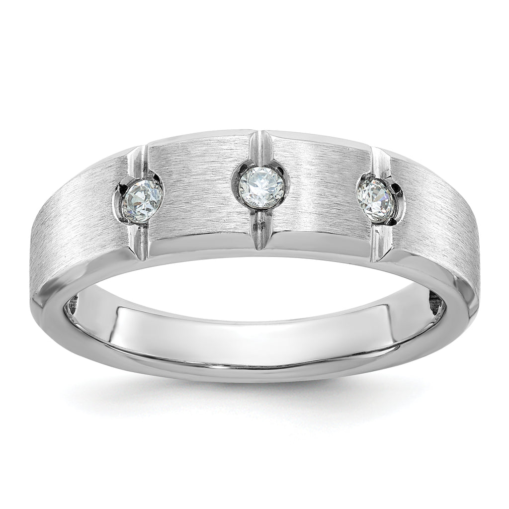 14k White Gold Men's Polished Satin and Grooved 3-Stone 1/5 Carat AA Quality Diamond Ring - Sophia Jewelers