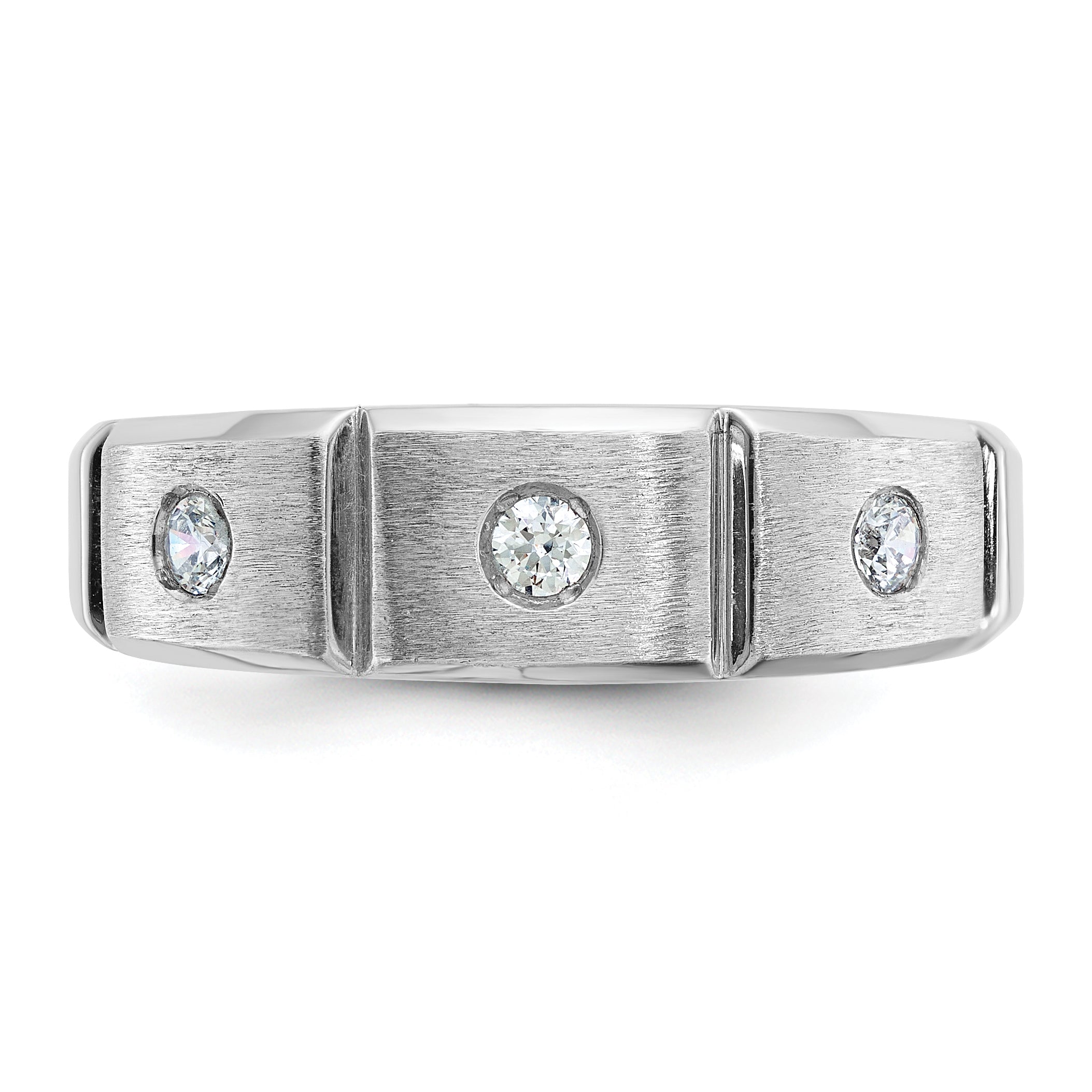 14k White Gold Men's Polished Satin and Grooved 3-Stone 1/5 Carat AA Quality Diamond Ring - Sophia Jewelers