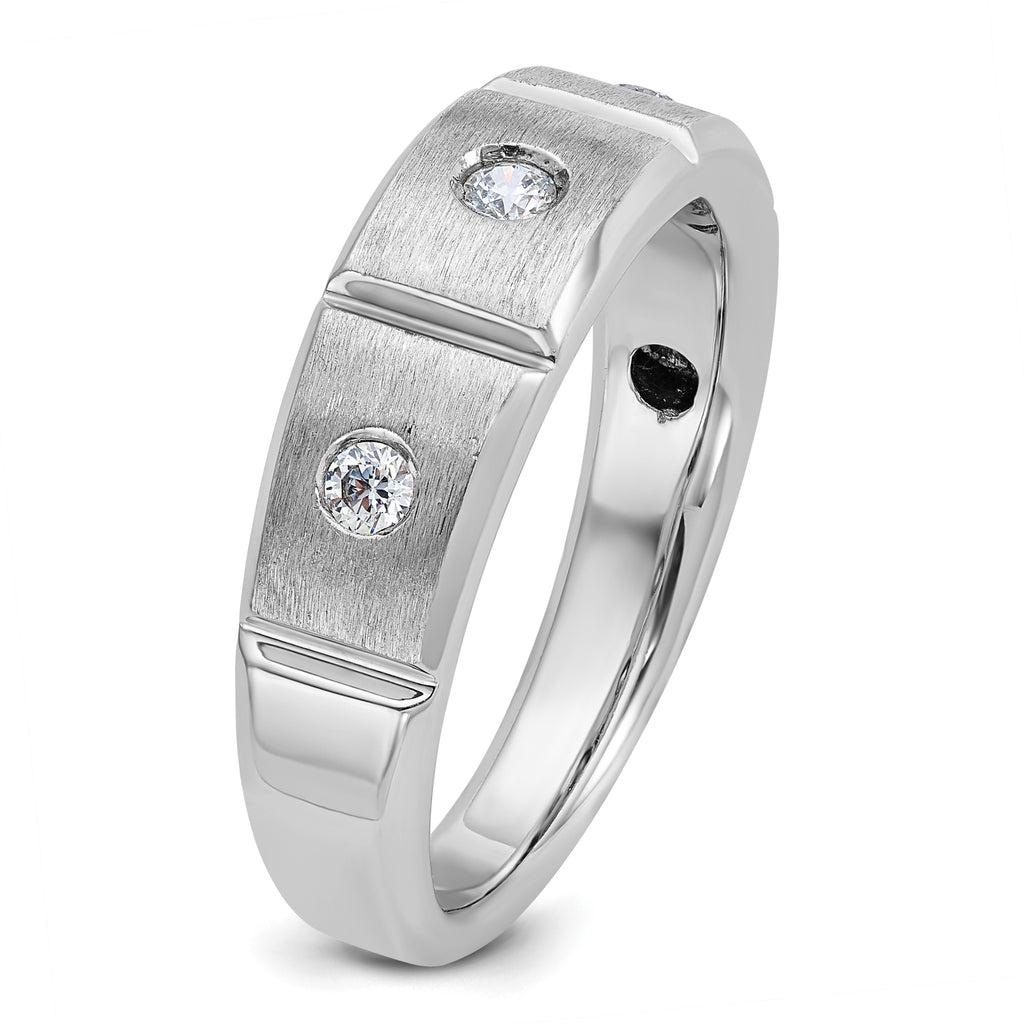 14k White Gold Men's Polished Satin and Grooved 3-Stone Ring Mounting, Mounting Only - Sophia Jewelers