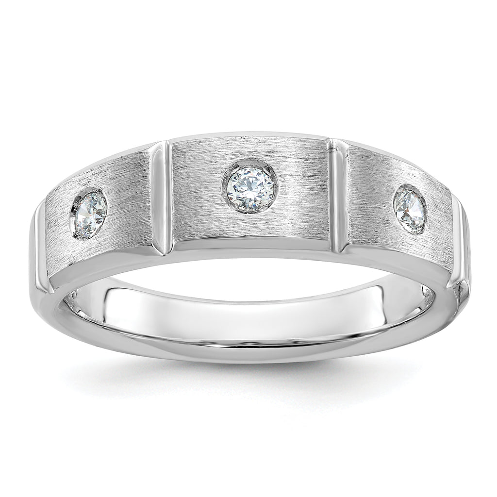 14k White Gold Men's Polished Satin and Grooved 3-Stone Ring Mounting, Mounting Only - Sophia Jewelers