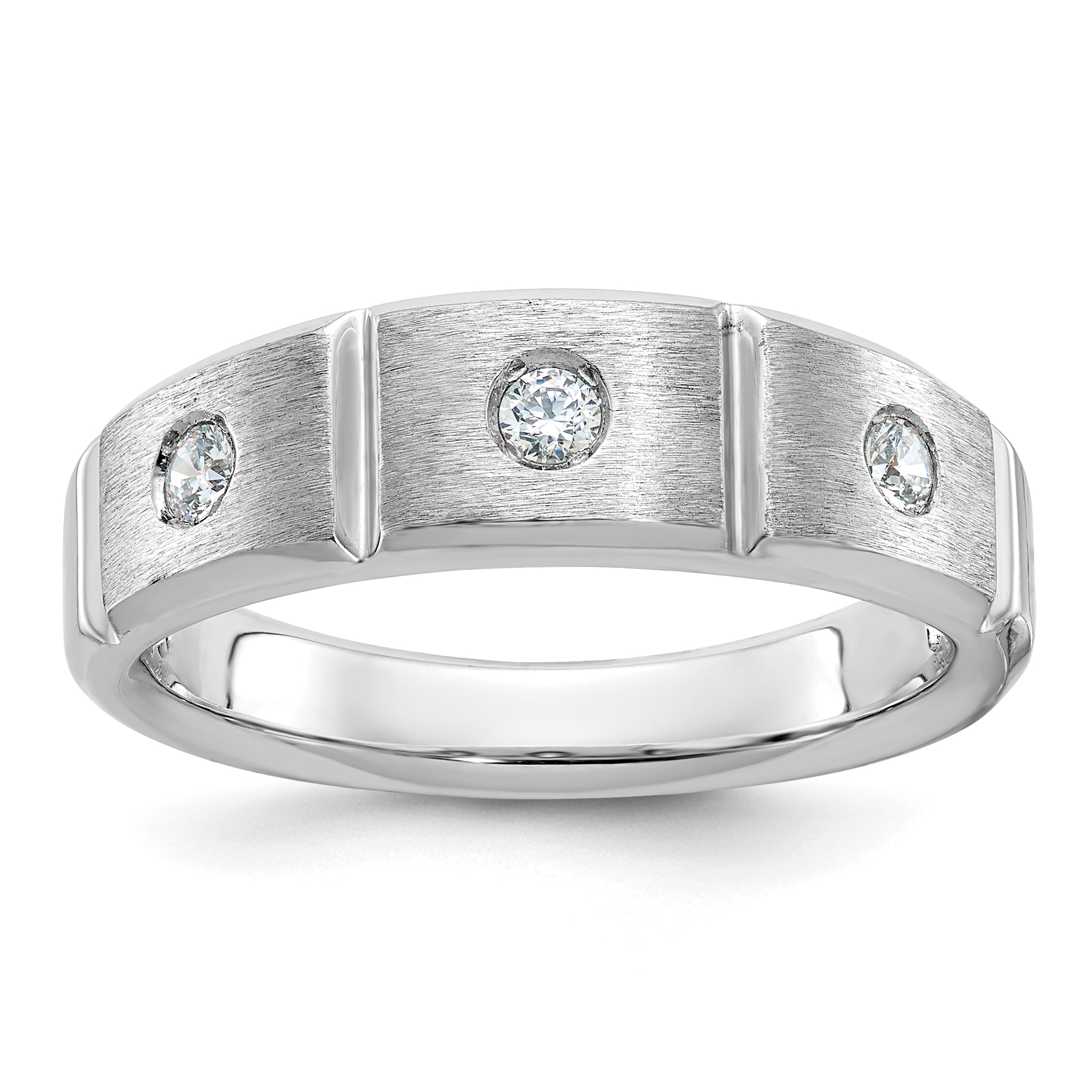 14k White Gold Men's Polished Satin and Grooved 3-Stone Ring Mounting, Mounting Only - Sophia Jewelers