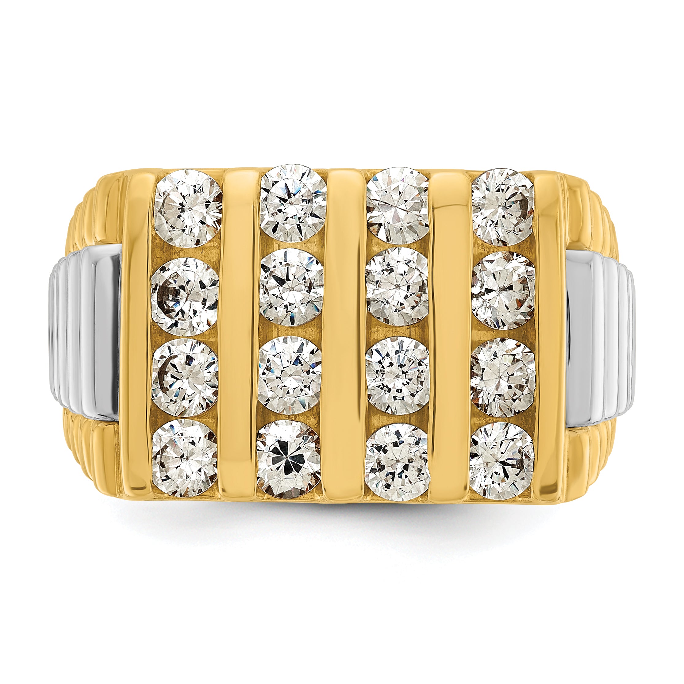 14k Two-tone Men's Polished and Textured 4-Row 2 Carat AA Quality Diamond Ring - Sophia Jewelers