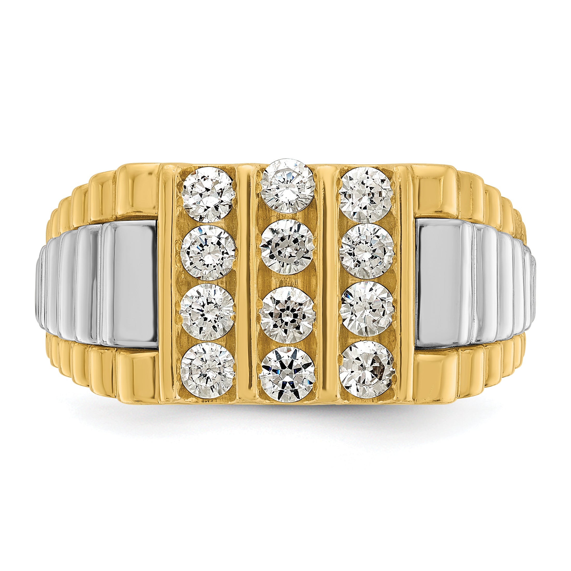 14k Two-tone Mens Polished and Textured 3-Row Ring Mounting, Mounting Only - Sophia Jewelers