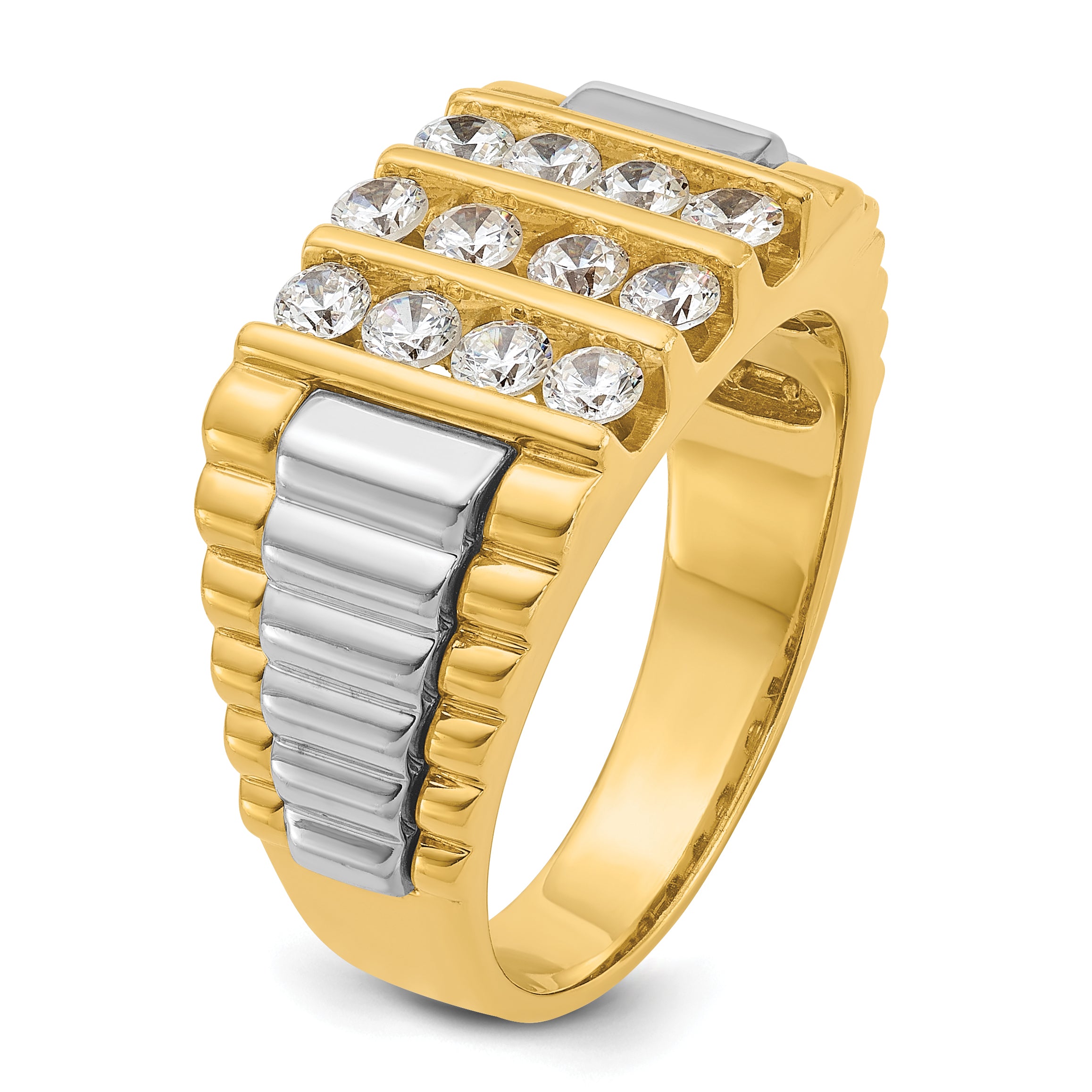 14k Two-tone Mens Polished and Textured 3-Row Ring Mounting, Mounting Only - Sophia Jewelers