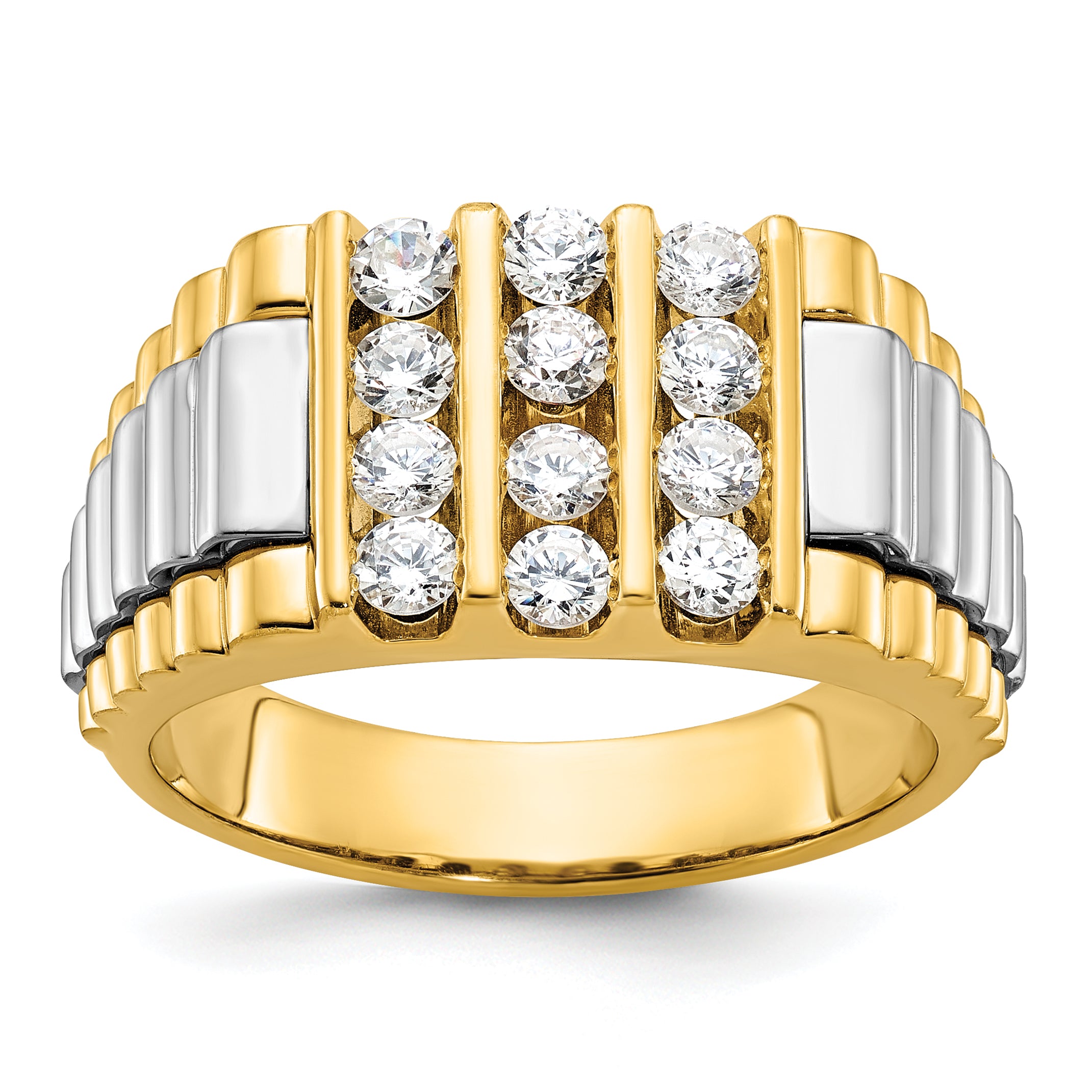 14k Two-tone Mens Polished and Textured 3-Row Ring Mounting, Mounting Only - Sophia Jewelers