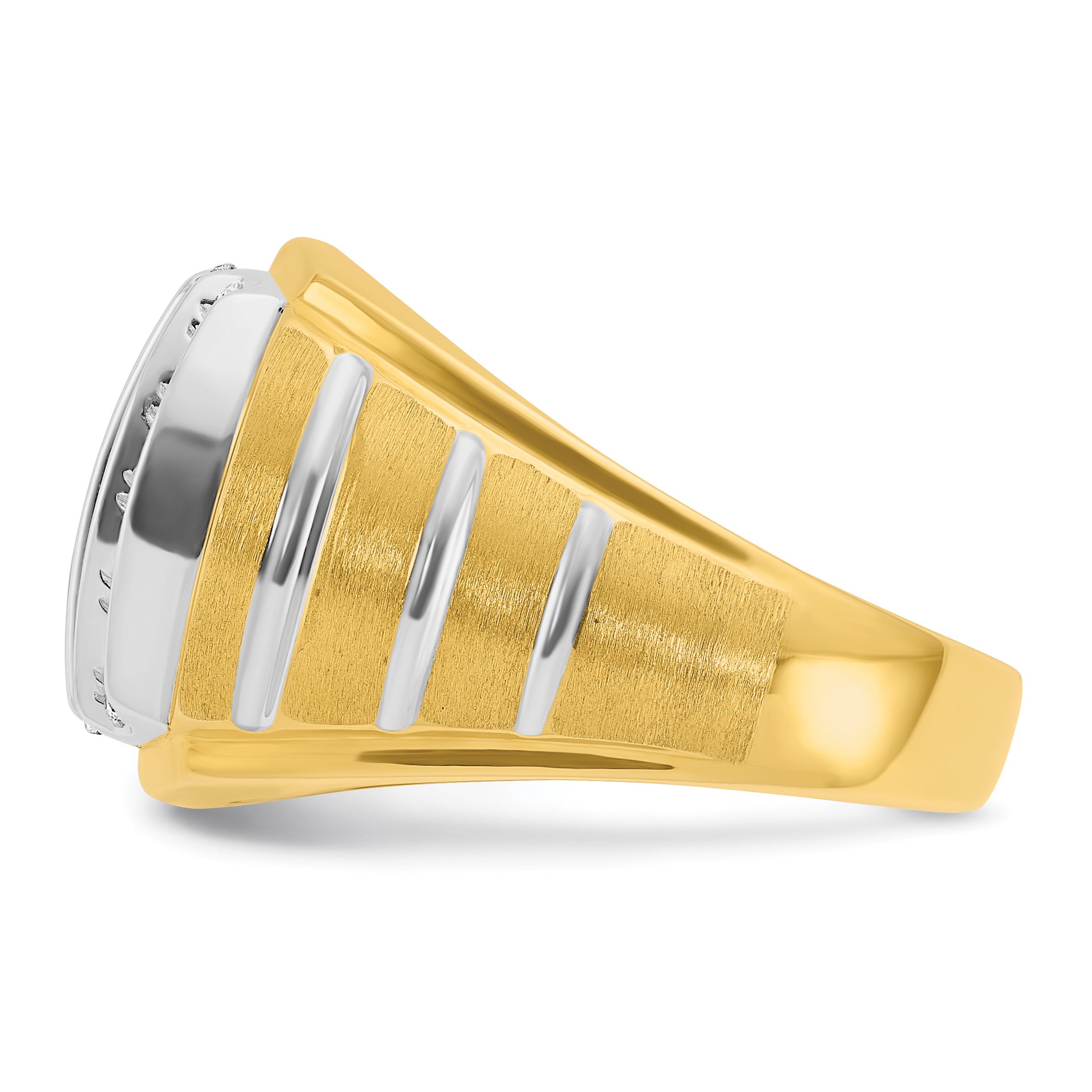 10k Two-tone Men's Polished Satin and Grooved 1 Carat A Quality Diamond Ring