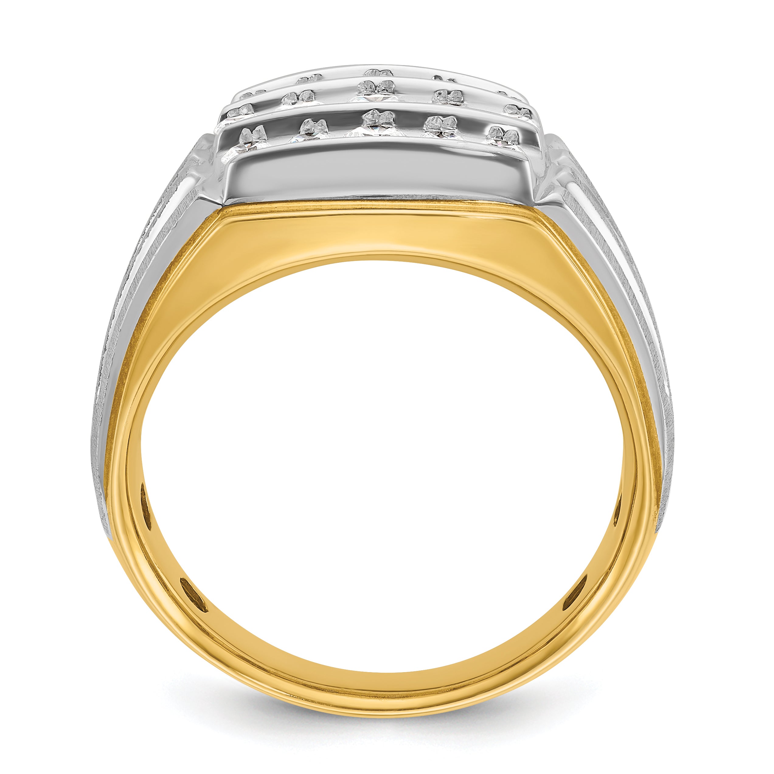 14k Two-tone Men's Polished Satin and Grooved 3-Row 1 Carat AA Quality Diamond Ring - Sophia Jewelers