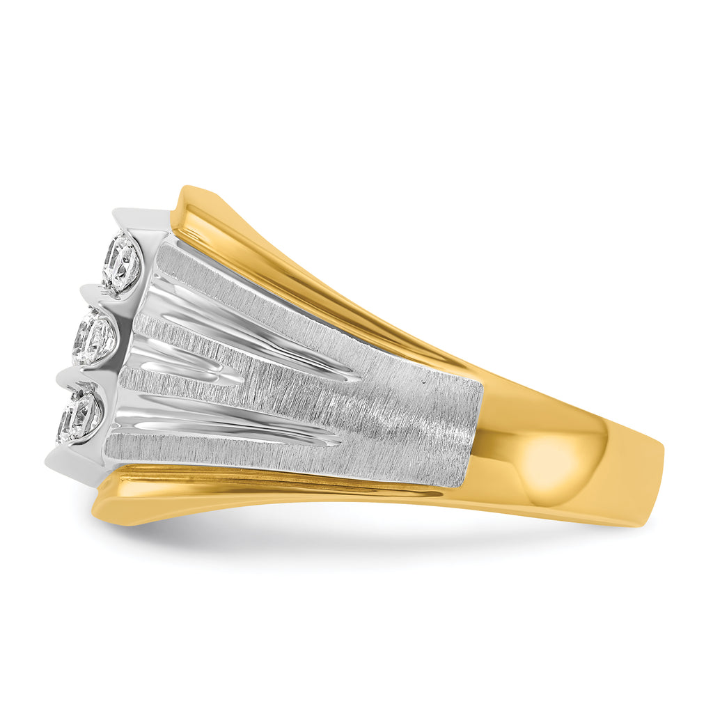 14k Two-tone Men's Polished Satin and Grooved 3-Row 1 Carat AA Quality Diamond Ring - Sophia Jewelers
