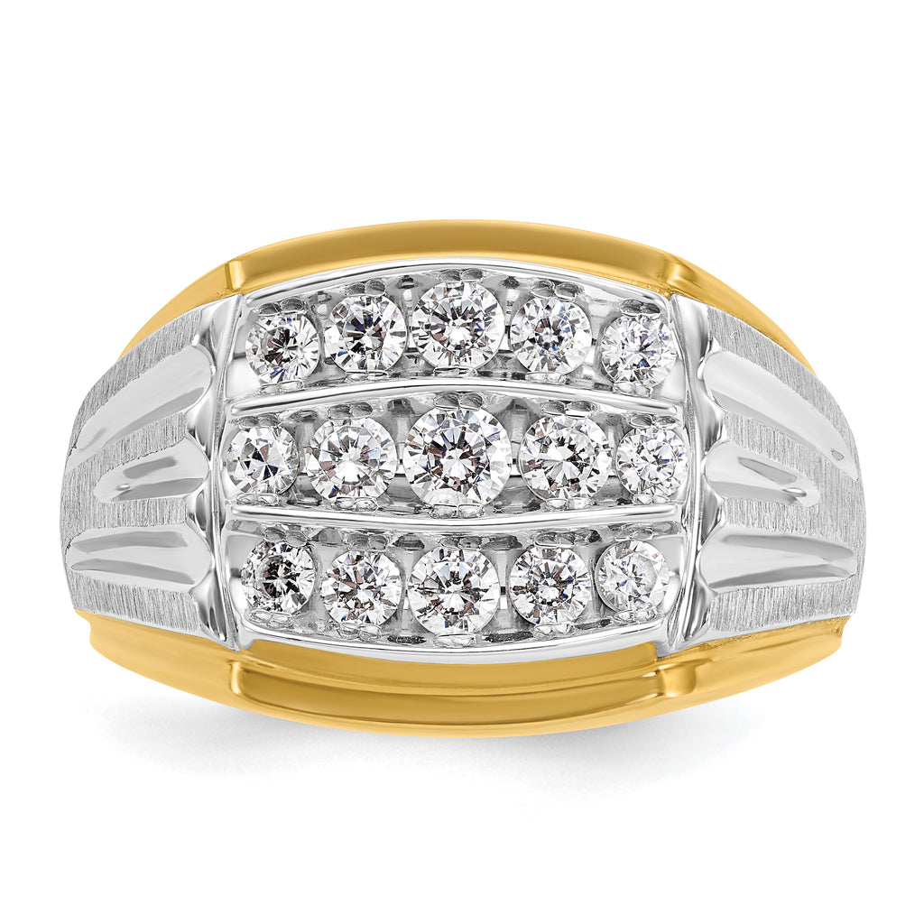 14k Two-tone Men's Polished Satin and Grooved 3-Row 1 Carat AA Quality Diamond Ring - Sophia Jewelers