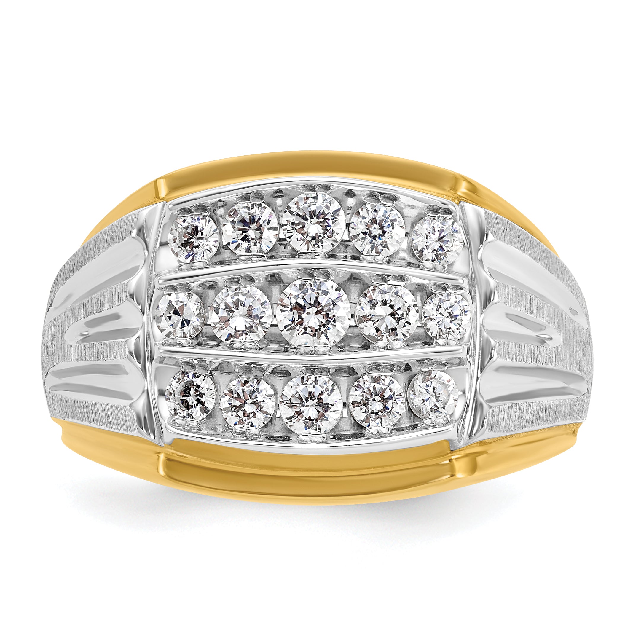 14k Two-tone Men's Polished Satin and Grooved 3-Row 1 Carat AA Quality Diamond Ring - Sophia Jewelers
