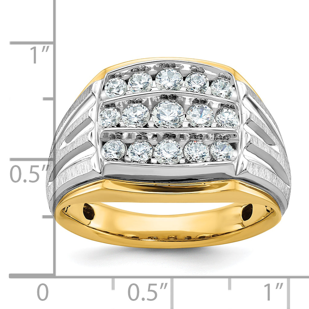 14k Two-tone Men's Polished Satin and Grooved 3-Row Ring Mounting, Mounting Only - Sophia Jewelers