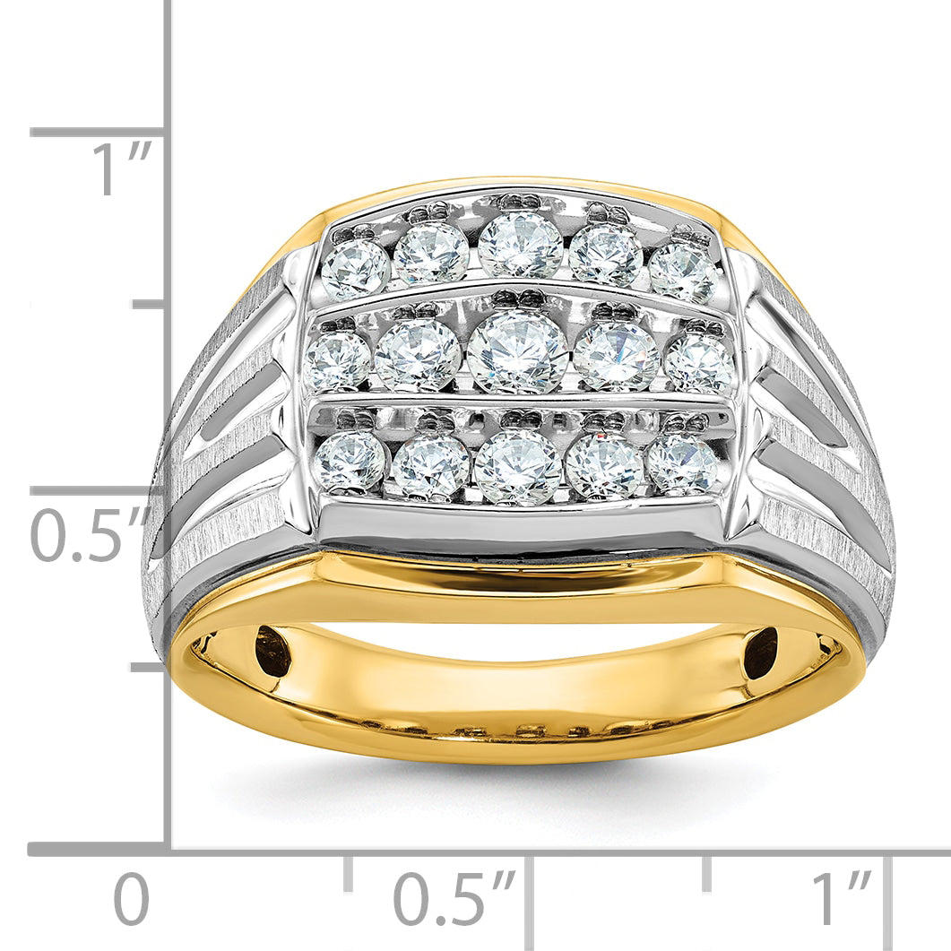 14k Two-tone Men's Polished Satin and Grooved 3-Row Ring Mounting, Mounting Only - Sophia Jewelers