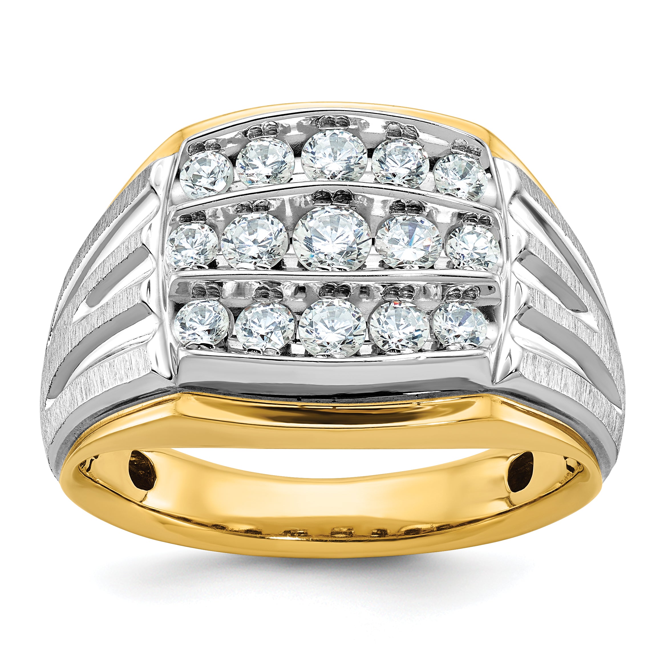14k Two-tone Men's Polished Satin and Grooved 3-Row 1 Carat Lab Grown Diamond Ring - Sophia Jewelers