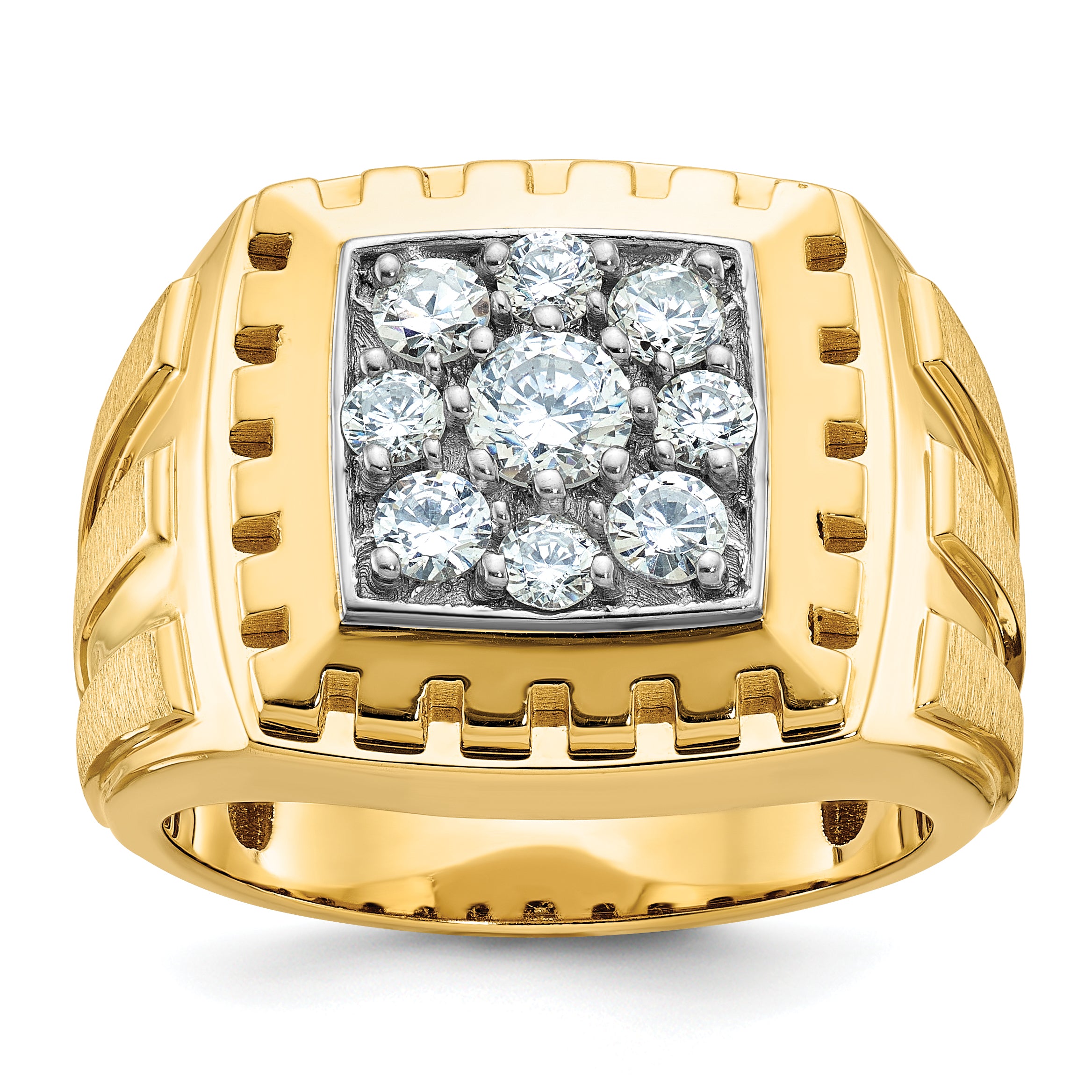 14k Two-tone Men's Polished Satin and Grooved 1 Carat AA Quality Diamond Cluster Ring - Sophia Jewelers