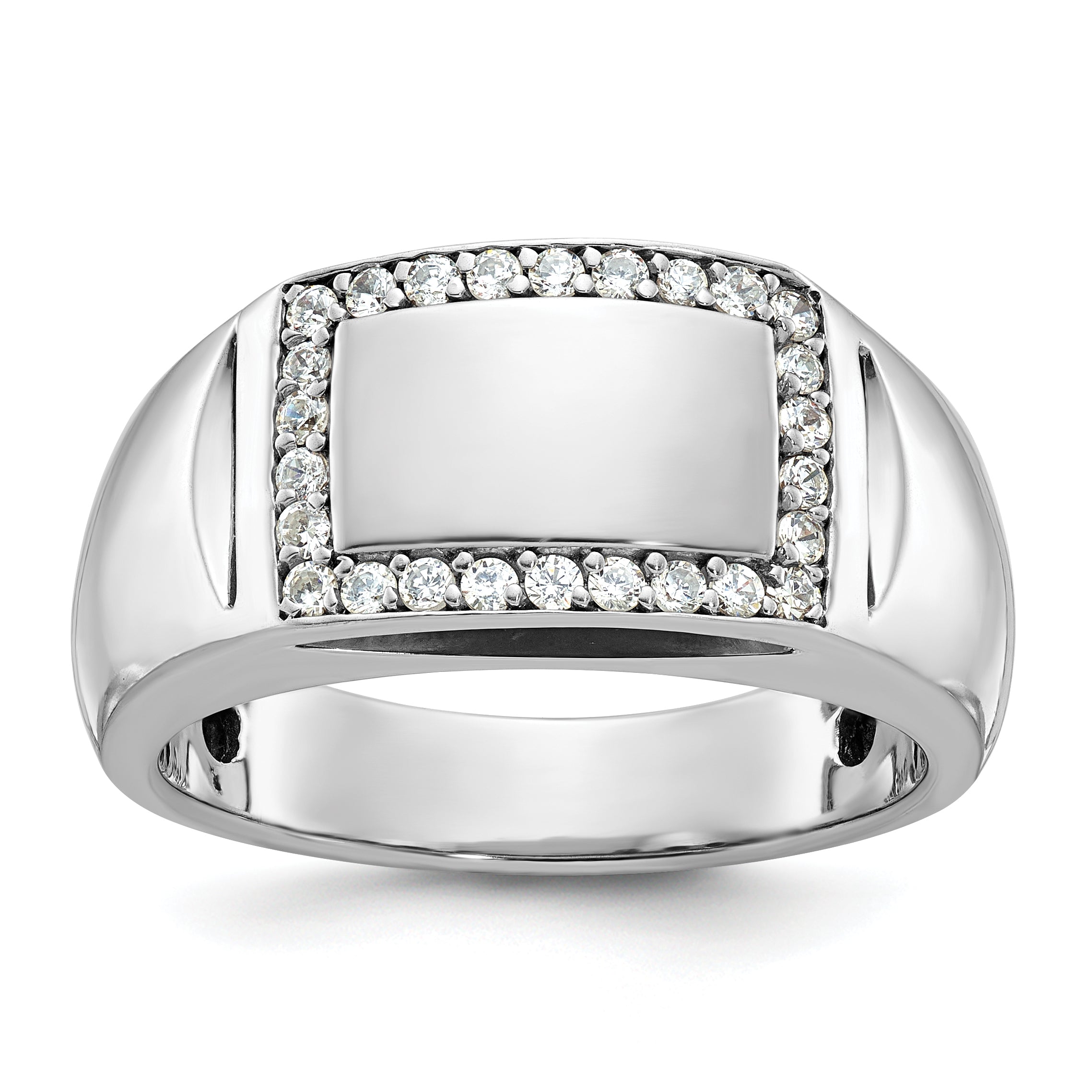 14k White Gold Polished 3/8 Carat AA Diamond Rectangle Mens Signet Ring - Sophia Jewelers