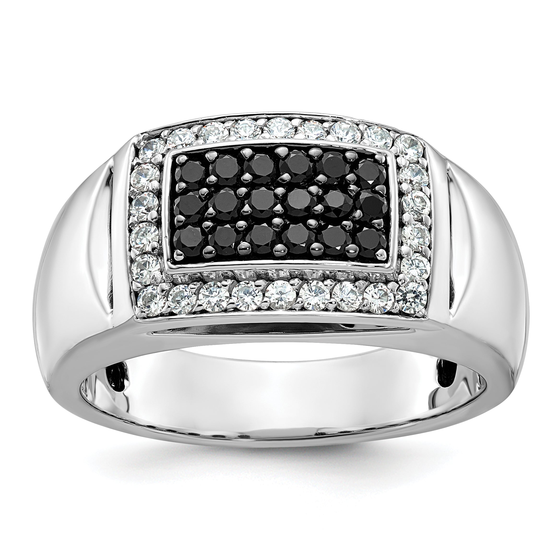 14k White Gold Men's Polished and Cut-Out 3/4 Carat Black Mined Diamonds and White Lab Grown Diamonds Rectangle Ring - Sophia Jewelers