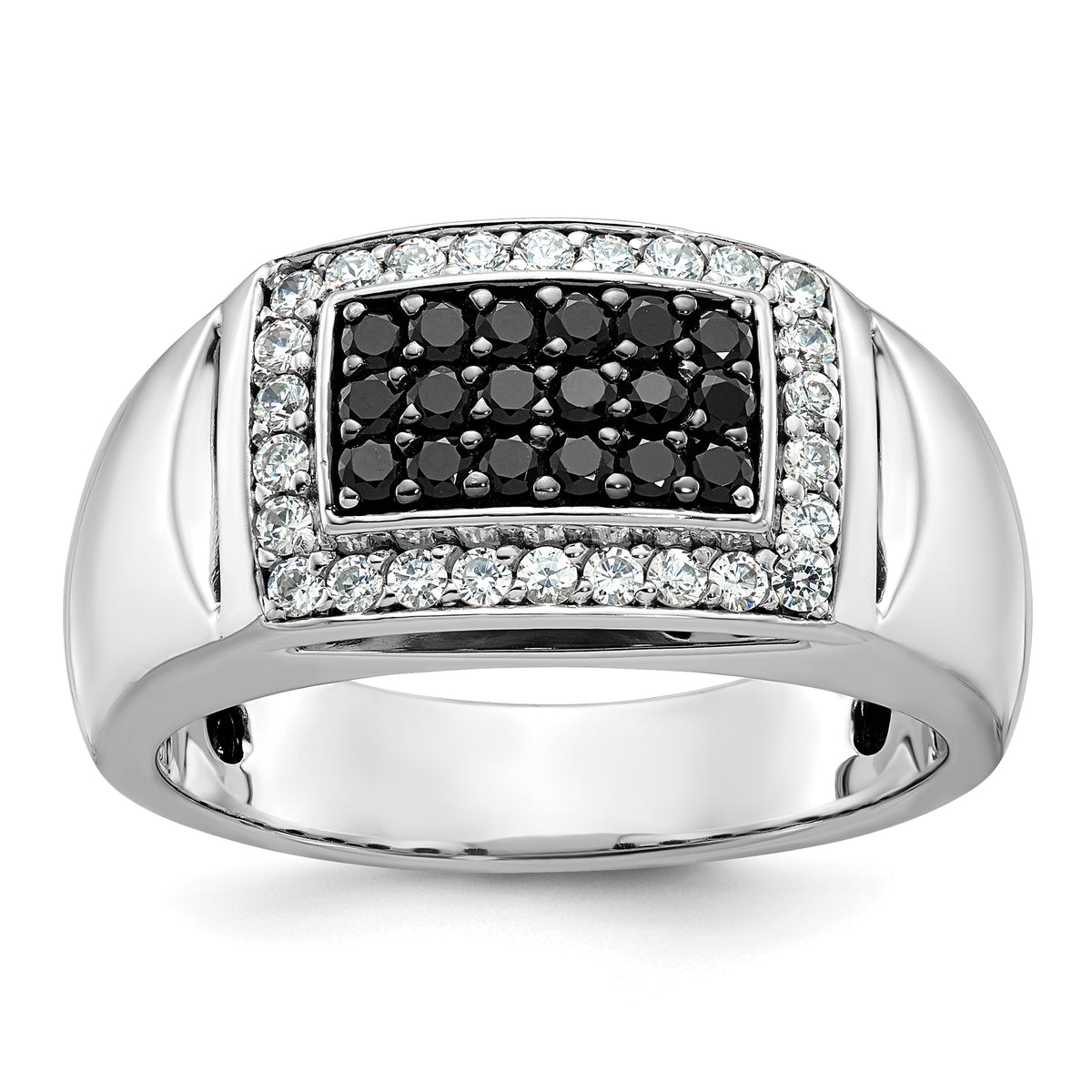 14k White Gold Men's Polished and Cut-Out 3/4 Carat Black Mined Diamonds and White Lab Grown Diamonds Rectangle Ring - Sophia Jewelers