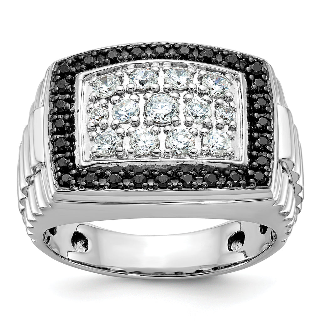 14k White Gold Men's Polished and Textured 1 Carat Black and White Diamond Cluster Ring - Sophia Jewelers