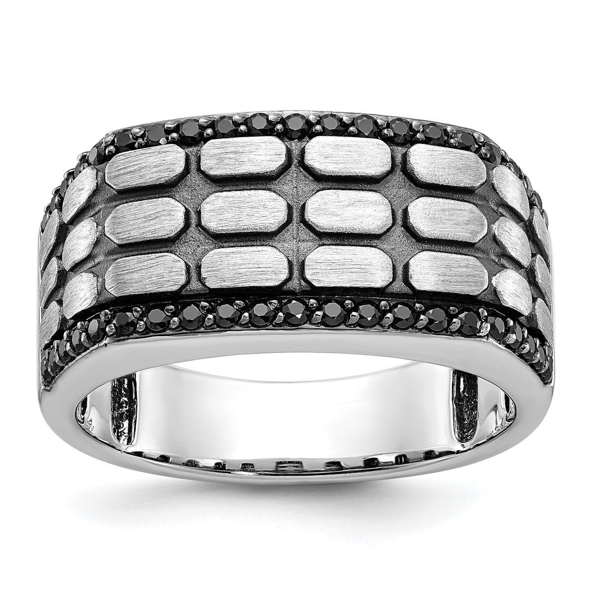 14k White Gold with Black Rhodium Men's Polished Satin and Cobblestone Textured 3/8 Carat Black Diamond Ring
