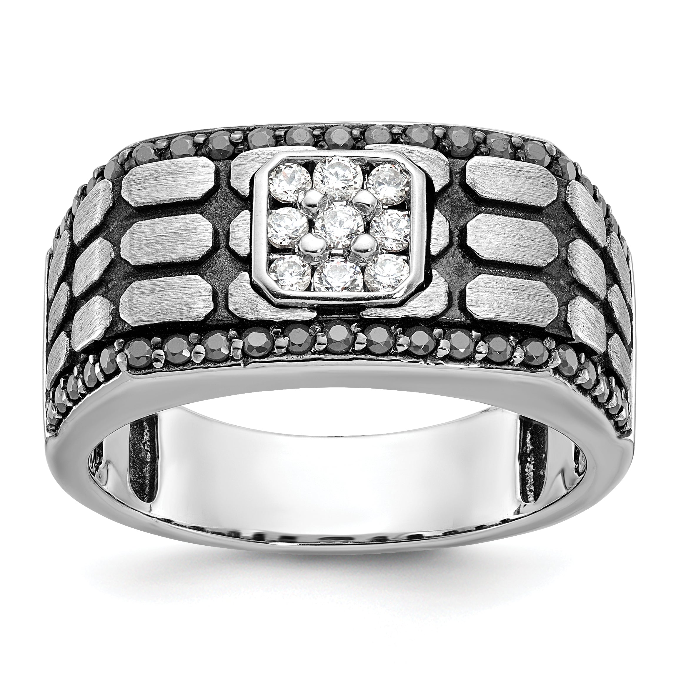 14k White Gold with Black Rhodium Men's Polished Satin and Cobblestone Textured Black and White 5/8 - Sophia Jewelers