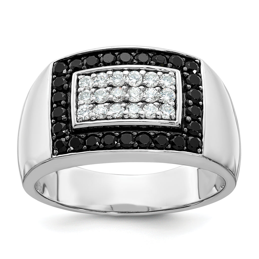 14k White Gold Men's Polished 1 Carat Black and White Diamond Rectangular Cluster Ring - Sophia Jewelers