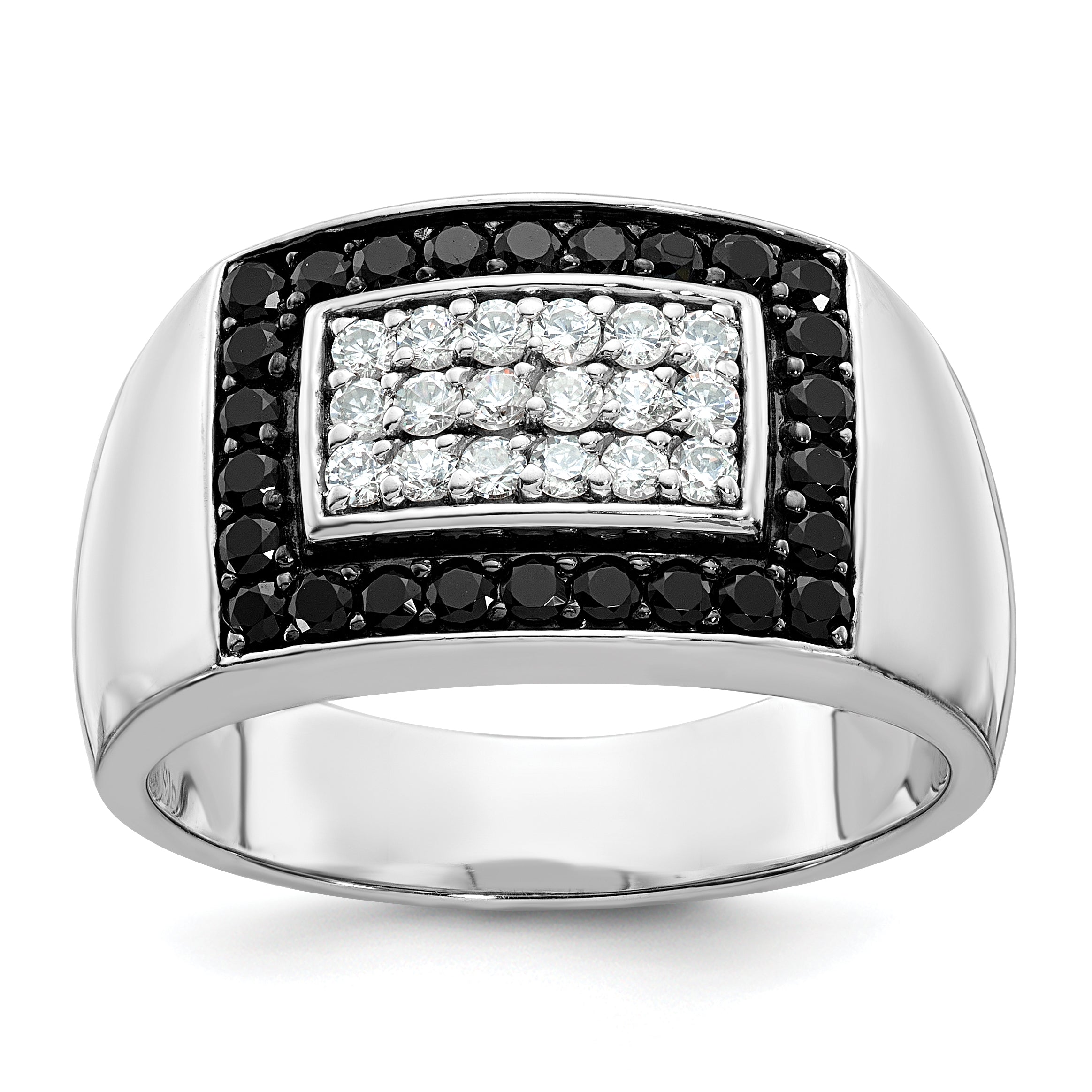 14k White Gold Men's Polished 1 Carat Black and White Diamond Rectangular Cluster Ring - Sophia Jewelers
