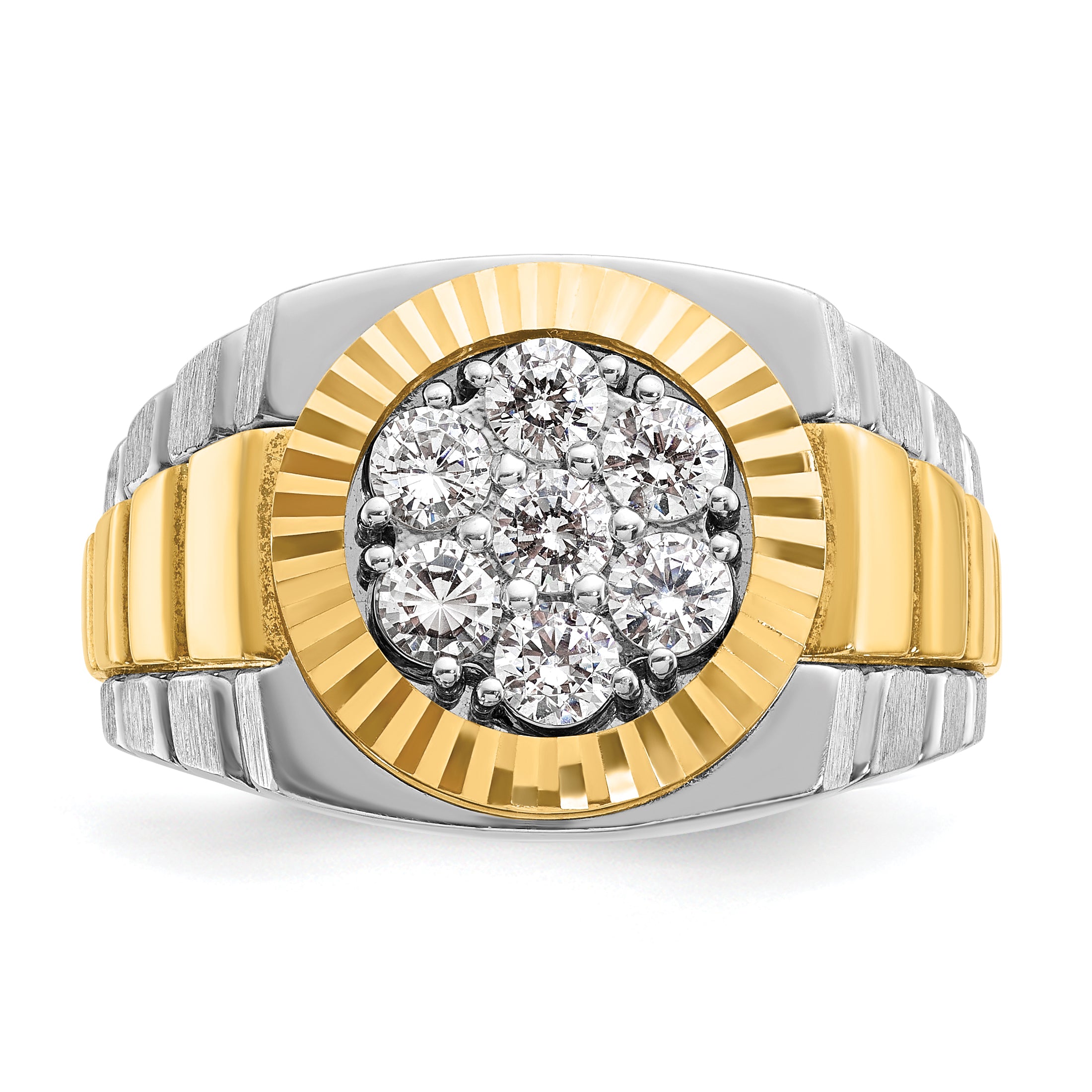 14k Two-tone Mens Polished Satin and Textured 1 Carat AA Diamond Cluster Ring - Sophia Jewelers