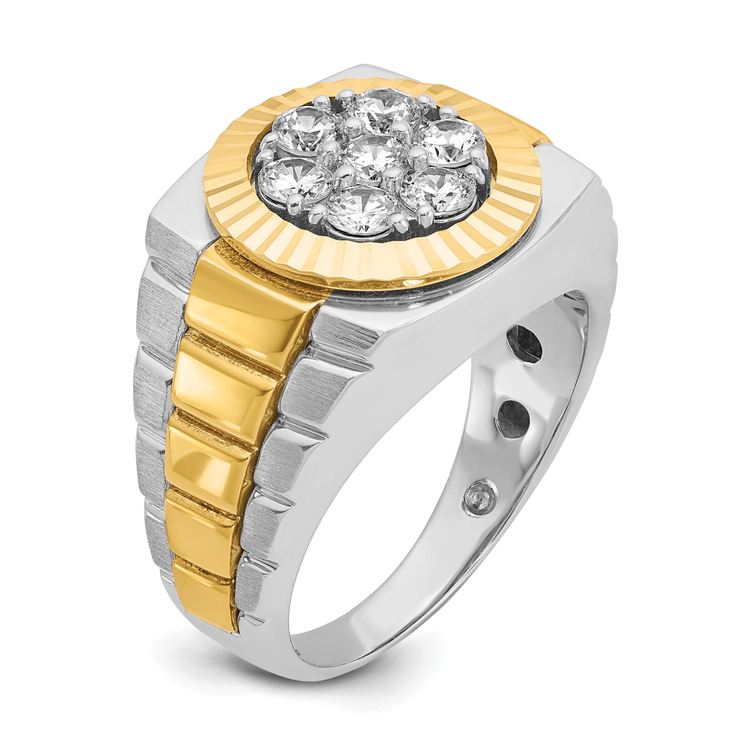 14k Two-tone Mens Polished Satin and Textured 1 Carat AA Diamond Cluster Ring - Sophia Jewelers