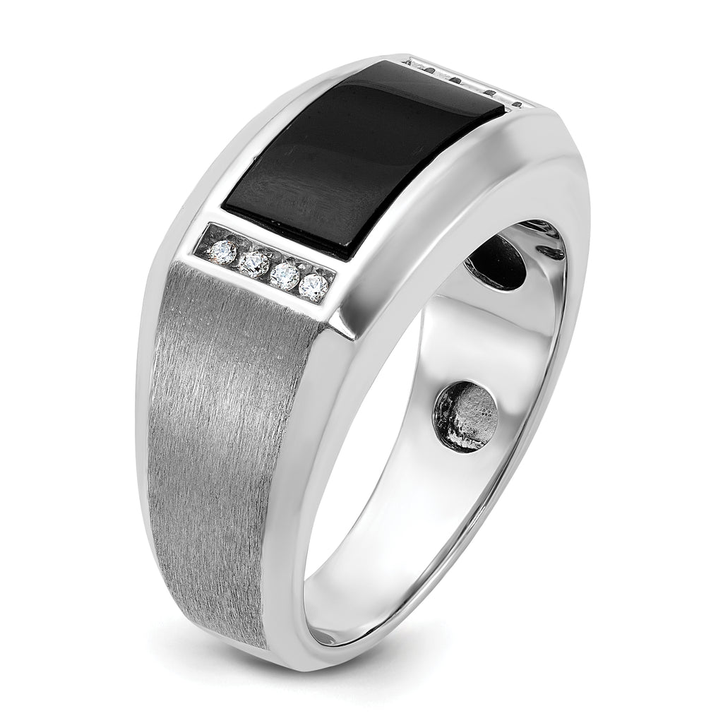 14k White Gold Mens Satin Rectangle Onyx and 1/15 carat Diamond Complete Ring - Sophia Jewelers