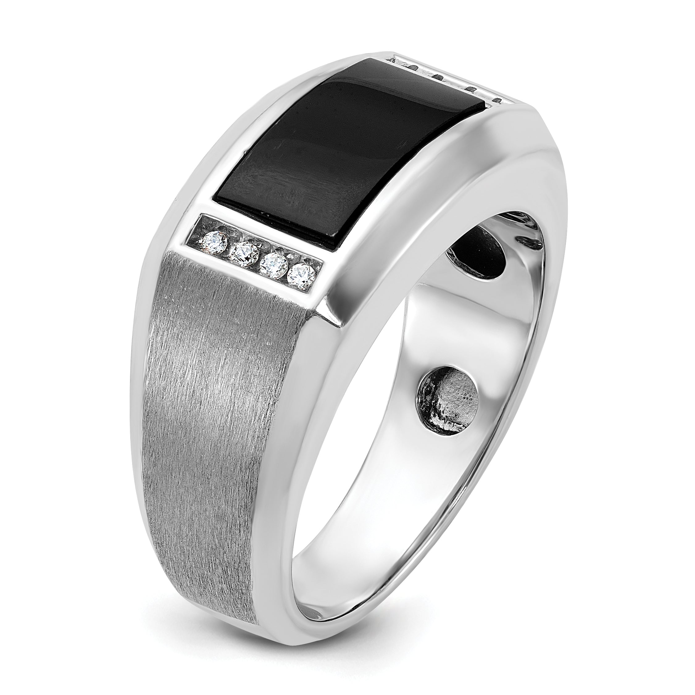 14k White Gold Mens Satin Rectangle Onyx and 1/15 carat Diamond Complete Ring - Sophia Jewelers