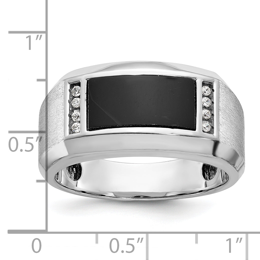 14k White Gold Mens Satin Rectangle Onyx and 1/15 carat Diamond Complete Ring - Sophia Jewelers
