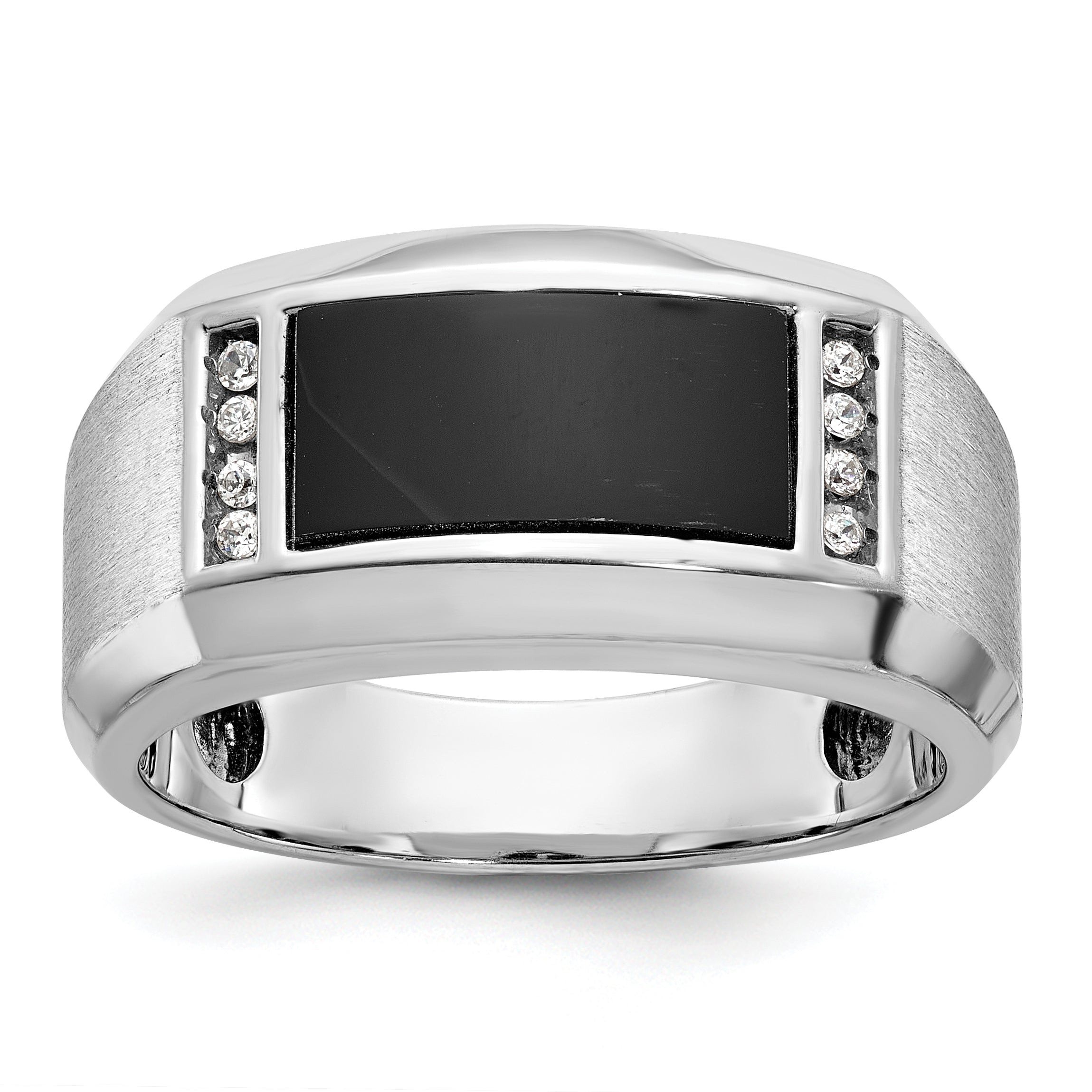 14k White Gold Mens Satin Rectangle Onyx and 1/15 carat Diamond Complete Ring - Sophia Jewelers