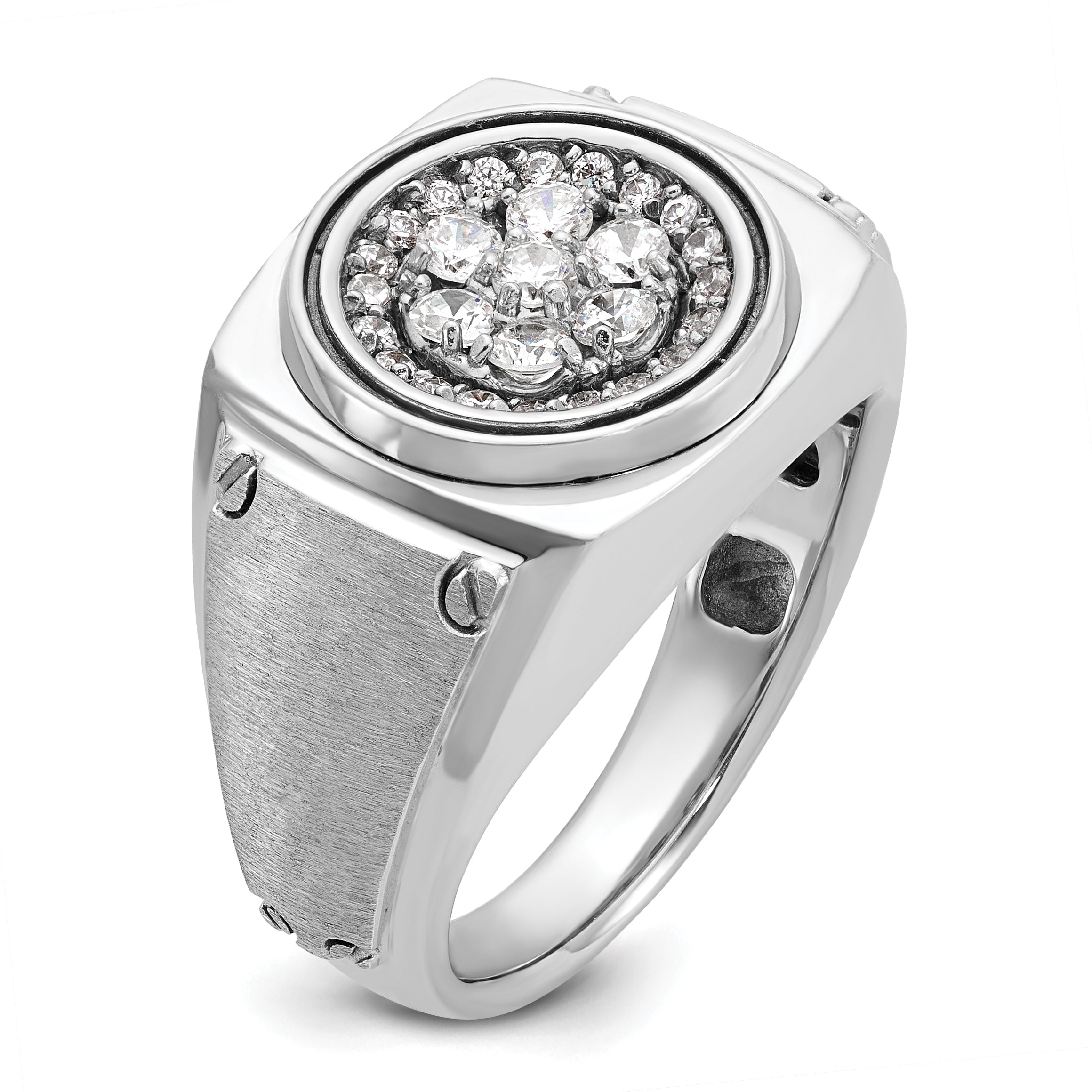 14k White Gold Mens Polished and Satin Round Cluster Halo Ring Mounting, Mounting Only - Sophia Jewelers