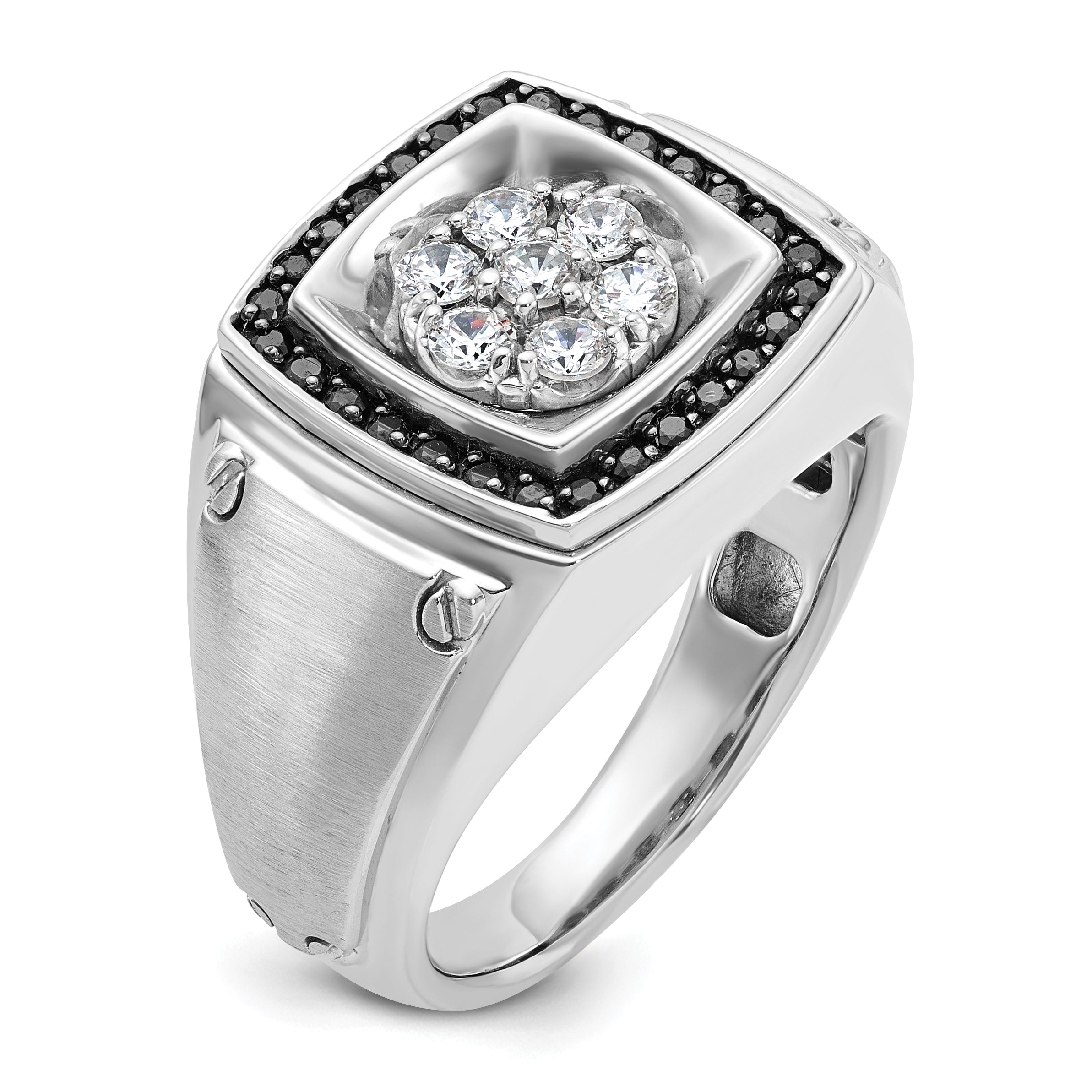 10k White Gold Men's Polished and Satin 3/4 Carat A Quality Black and White Diamond Halo Cluster Ring
