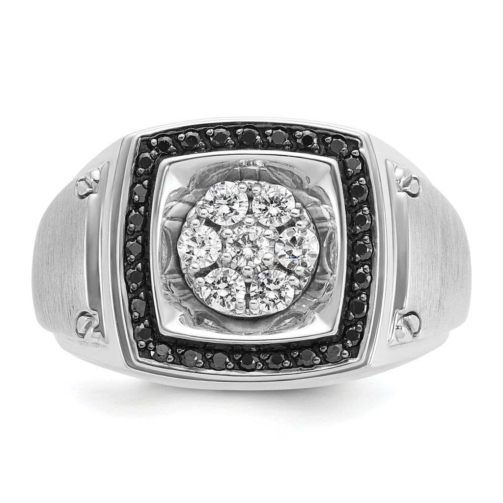 14k White Gold Men's Polished and Satin 3/4 Carat AA Quality Black and White Diamond Halo Cluster Ri - Sophia Jewelers