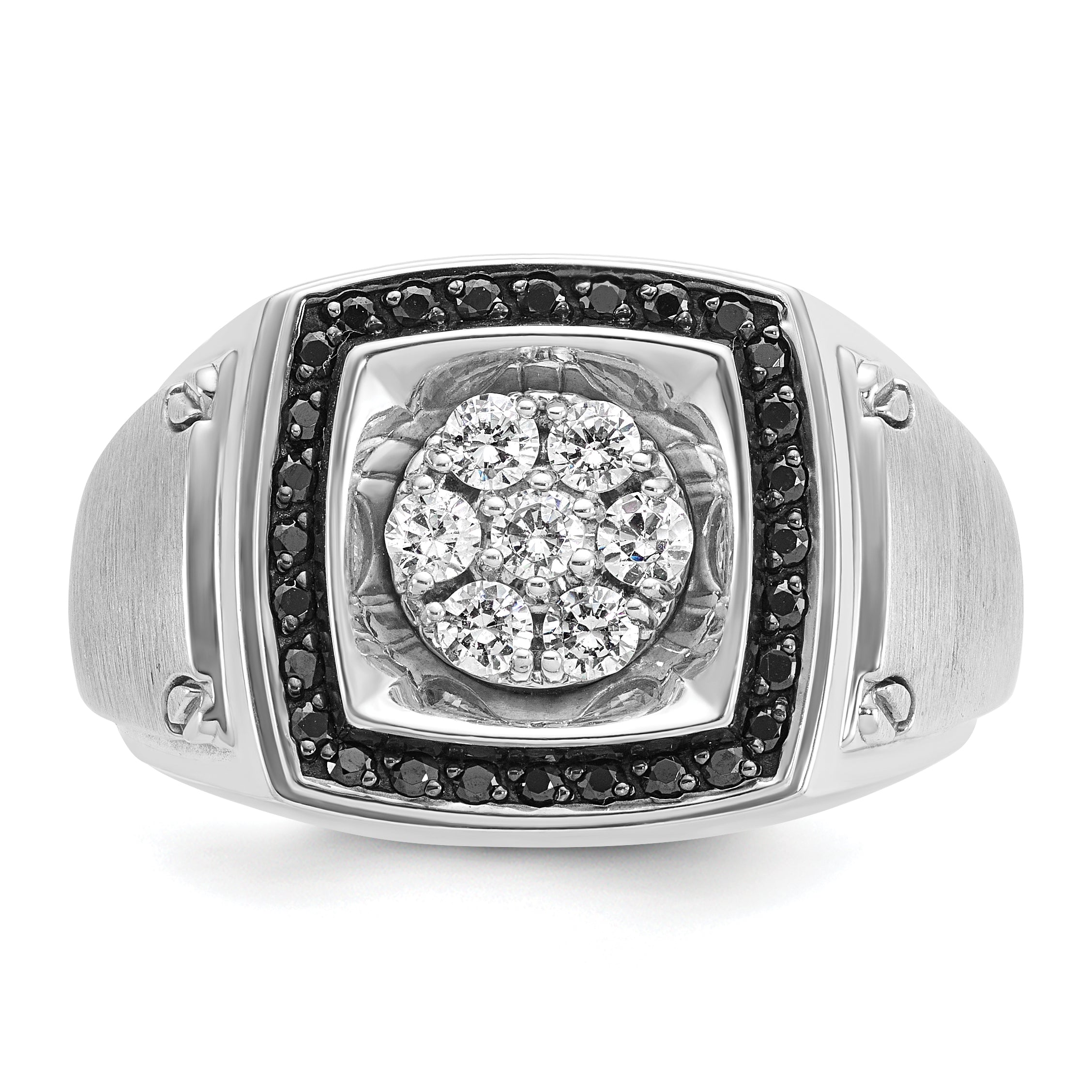 14k White Gold Men's Polished and Satin 3/4 Carat AA Quality Black and White Diamond Halo Cluster Ri - Sophia Jewelers